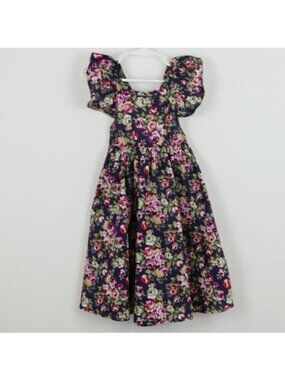 Girls Unbranded Size 6/7 Blue Floral Woven Cotton Lightweight Casual Dress